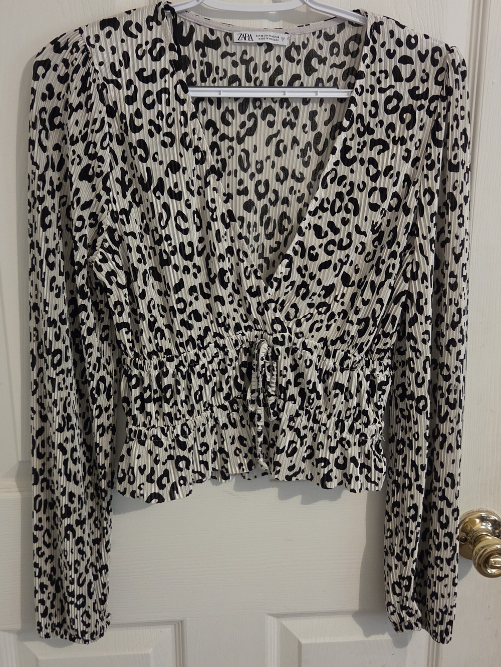 Zara Cream and Black Leopard Print V-Neck Peplum Top